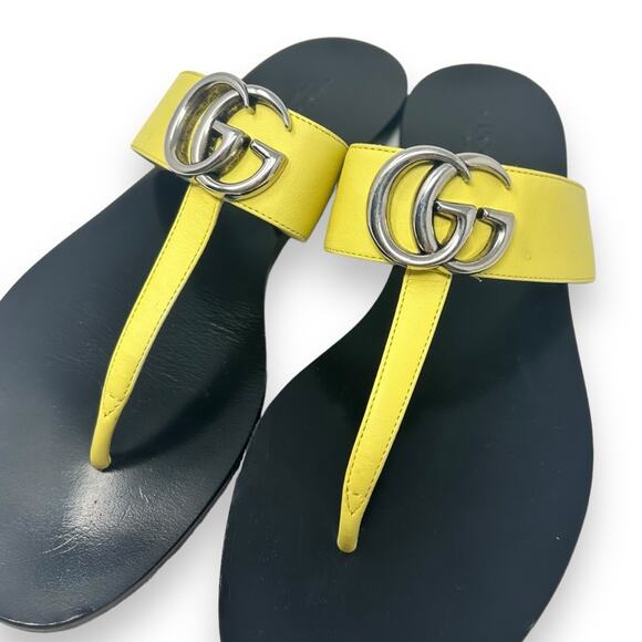 Gucci GG Marmont Thong Double G Flat Leather Sandals Yellow Silver 37.5 Women’s - Picture 4 of 11